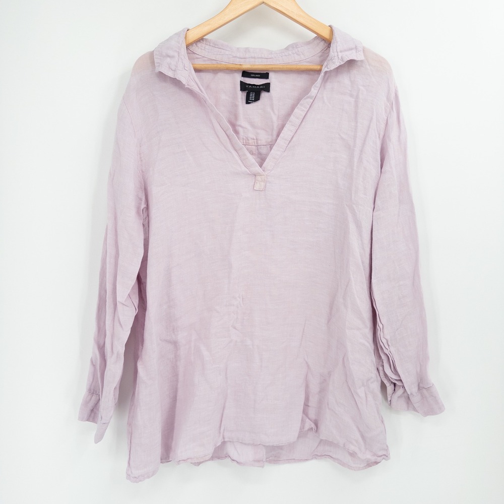 Tahari Linen Tunic Blouse Womens 1X Lavender V-Neck Roll-Tab Button-Back Coastal